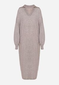 Born2be - Beżowa Pudełkowa Sukienka Sweterkowa z Wiskozą Szerokimi Rękawami i Kołnierzykiem Rinfera. Kolor: beżowy. Materiał: wiskoza. Typ sukienki: proste. Styl: wizytowy, elegancki #7