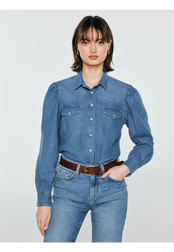 Big-Star - Koszula damska jeansowa z bufkami niebieska Indiana 164. Kolor: niebieski. Materiał: jeans. Styl: retro