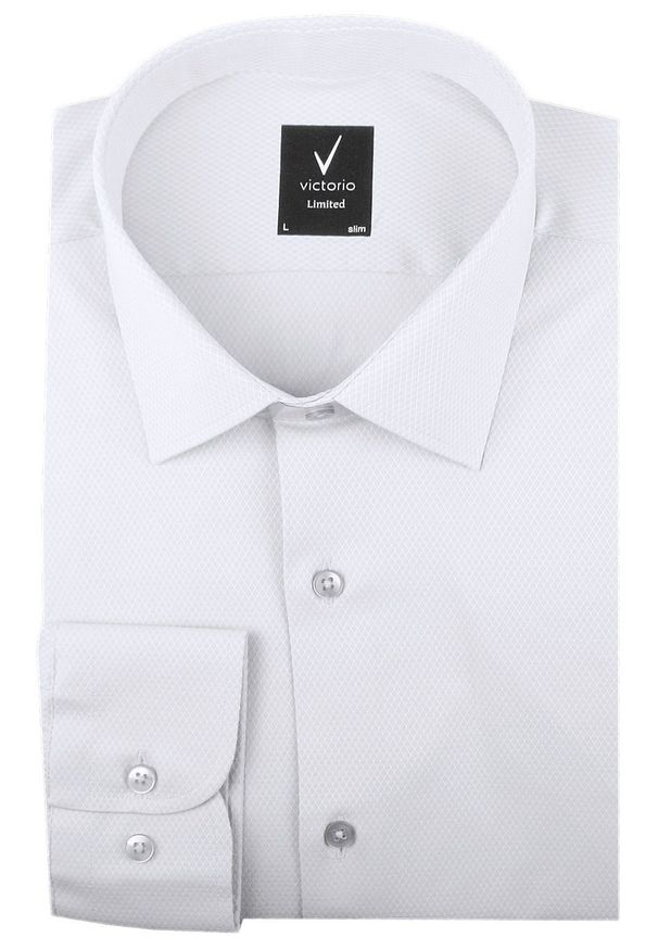 Wyszczuplona, Elegancka Koszula Męska - Victorio - Biała. Kolor: biały. Materiał: elastan, bawełna, poliester. Styl: elegancki