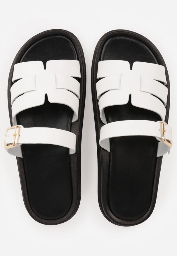 Renee - Białe Klapki z Przekładanymi Paskami i Regulacją z Klamrą Celilye. Okazja: na co dzień. Kolor: biały. Materiał: koronka. Sezon: lato. Styl: boho, casual