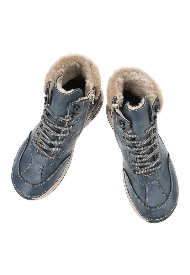 Niebieskie Botki Rieker Ocieplane Obuwie Damskie. Okazja: na co dzień. Zapięcie: sznurówki. Kolor: niebieski. Materiał: futro. Styl: casual, sportowy