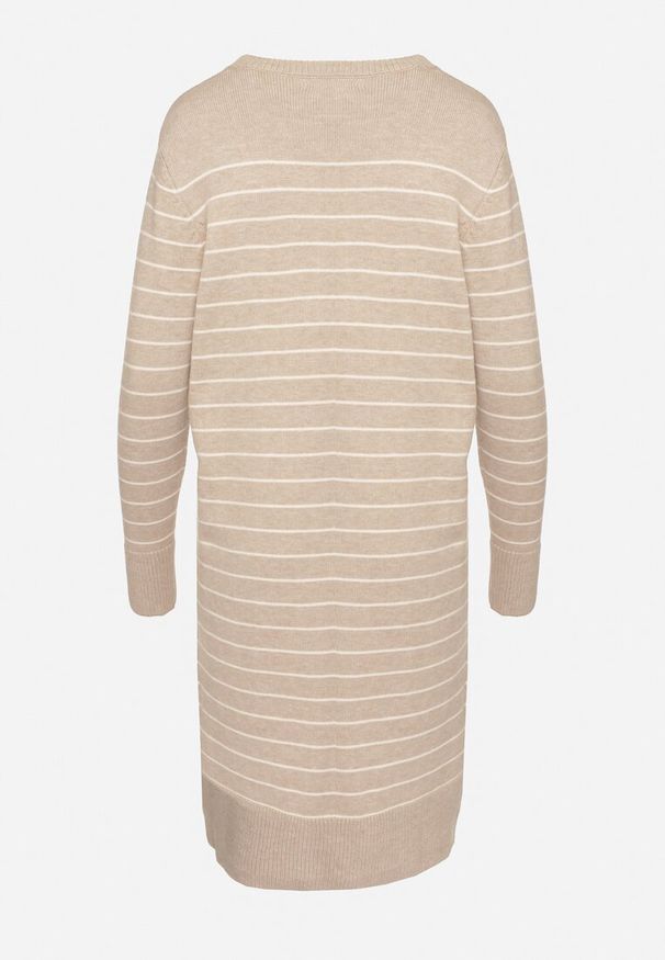 Born2be - Beżowa Sukienka w Paski z Dzianiny z Wiskozą o Prostym Kroju ze Ściągaczami Delirae. Okazja: na spotkanie biznesowe, do pracy, na co dzień. Kolor: beżowy. Materiał: wiskoza, dzianina. Wzór: paski. Typ sukienki: proste. Styl: elegancki, casual, klasyczny, biznesowy