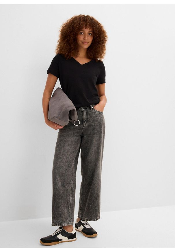 bonprix - T-shirt z czystej bawełny. Typ kołnierza: dekolt w serek. Kolor: czarny. Materiał: bawełna. Długość rękawa: krótki rękaw. Długość: krótkie