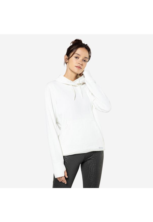 KALENJI - Bluza do biegania damska Kiprun Hood 500 ocieplana. Kolor: biały. Materiał: poliester, elastan, materiał