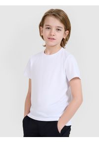 4f - 4F T-shirt sportowy szybkoschnący chłopięcy - biały 134/140 (8-10 lat). Kolor: biały. Materiał: dzianina, włókno, syntetyk, materiał, elastan. Długość rękawa: krótki rękaw. Długość: krótkie. Wzór: gładki, ze splotem, jednolity. Sezon: lato. Sport: fitness