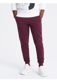 Ombre Clothing - Męskie dresowe spodnie bawełniane joggery BASIC – bordowe V3 - Rozmiar: XXL. Okazja: na co dzień. Kolor: czerwony. Materiał: dresówka, bawełna. Wzór: aplikacja. Styl: sportowy, casual, elegancki
