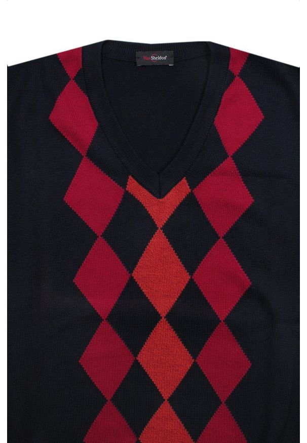 Max Sheldon - Kamizelka Granatowo-Czerwona, Bezrękawnik, Dekolt w Serek (V-neck), Męska -MAX SHELDON. Okazja: na co dzień. Typ kołnierza: dekolt w serek. Kolor: niebieski, czerwony, wielokolorowy. Materiał: bawełna, akryl. Długość rękawa: bez rękawów. Sezon: zima, jesień. Styl: casual, klasyczny, elegancki