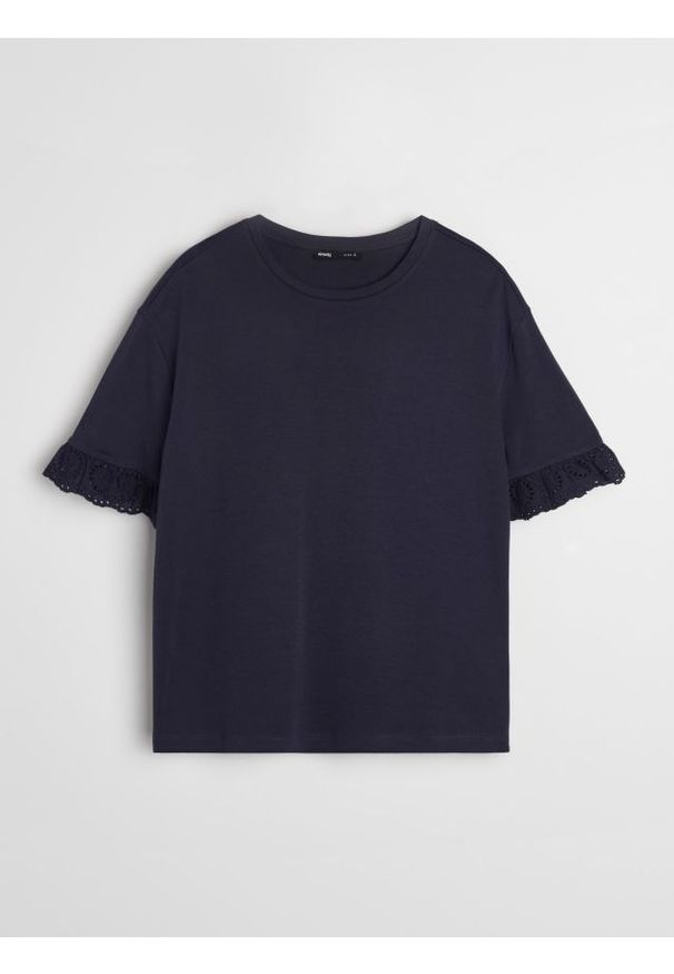 Sinsay - Bawełniana bluzka z ażurowymi detalami - granatowy. Kolor: niebieski. Materiał: bawełna. Wzór: ażurowy