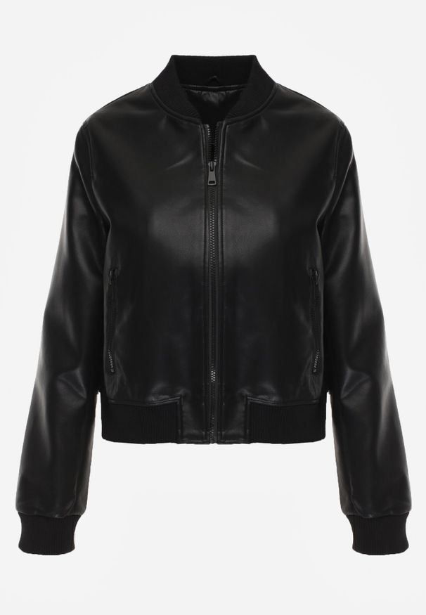 Born2be - Czarna Przejściowa Kurtka Bomberka z Imitacji Skóry Izanelia. Okazja: na co dzień. Kolor: czarny. Materiał: skóra. Wzór: kwiaty. Styl: casual