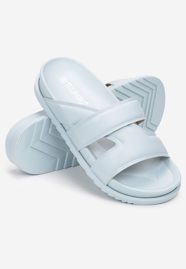 Renee - Niebieskie Klapki z Szerokim Paskiem z Wycięciami na Grubej Podeszwie Elixis. Kolor: niebieski. Sezon: lato