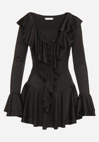 Born2be - Czarna Taliowana Sukienka Zdobiona Falbankami Tiraneda. Okazja: na imprezę. Typ kołnierza: kołnierz z falbankami. Kolor: czarny. Wzór: aplikacja. Typ sukienki: proste. Styl: elegancki #3