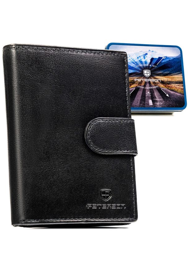 Klasyczny, skórzany portfel męski w czarnym kolorze zamykany zatrzaskiem - Peterson. Kolor: czarny. Materiał: skóra