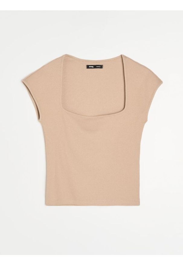 Sinsay - Prążkowana koszulka z rękawem kimono - beżowy. Kolor: beżowy. Materiał: prążkowany