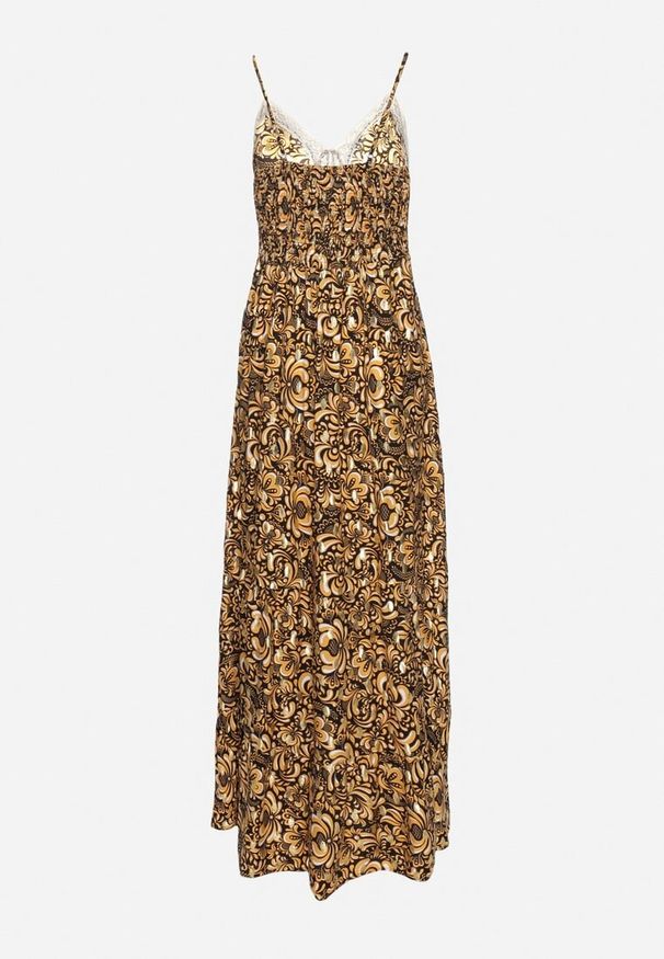 Born2be - Czarno-Żółta Rozkloszowana Sukienka z Bawełny na Cienkich Ramiączkach z Gumką w Pasie i Haftem Xuretta. Okazja: na spacer, na imprezę. Typ kołnierza: dekolt w kształcie V. Kolor: czarny. Materiał: bawełna. Długość rękawa: na ramiączkach. Wzór: haft. Sezon: lato. Styl: boho