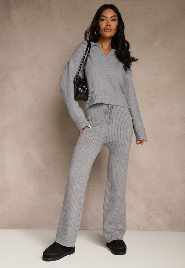 Renee - Szare Szerokie Spodnie z Wełną High Waist z Prążkowanego Materiału Reinna. Okazja: na co dzień. Stan: podwyższony. Kolor: szary. Materiał: prążkowany, wełna, materiał. Styl: casual