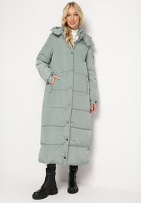 Born2be - Miętowa Długa Kurtka Płaszcz Pikowana z Kapturem Bellique. Typ kołnierza: kaptur. Kolor: miętowy. Długość: długie. Wzór: aplikacja #2