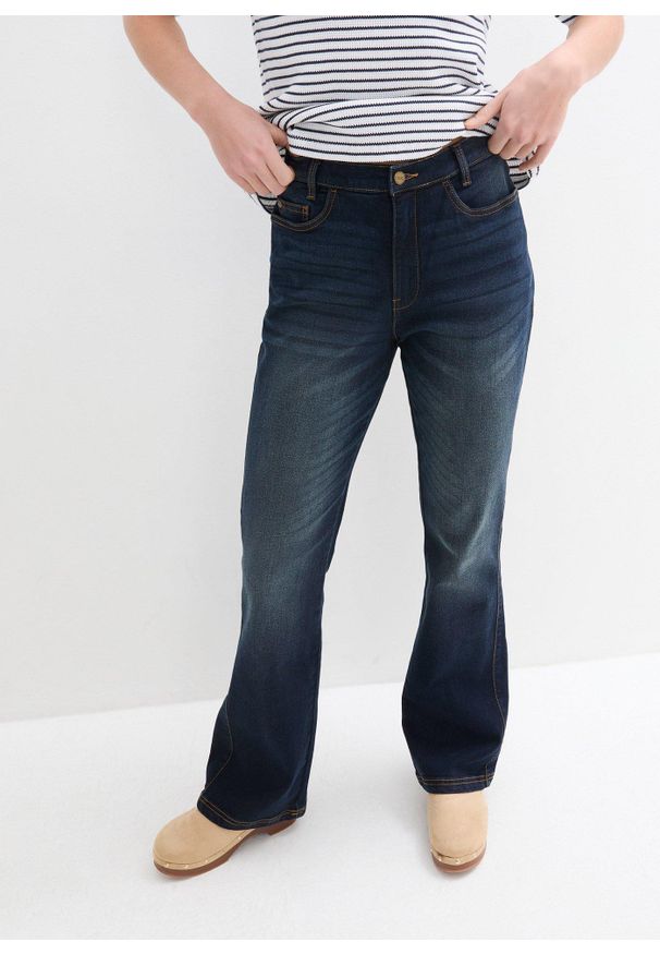 bonprix - Dżinsy o kroju bootcut, high waist, z wygodnym paskiem. Stan: podwyższony. Kolor: niebieski