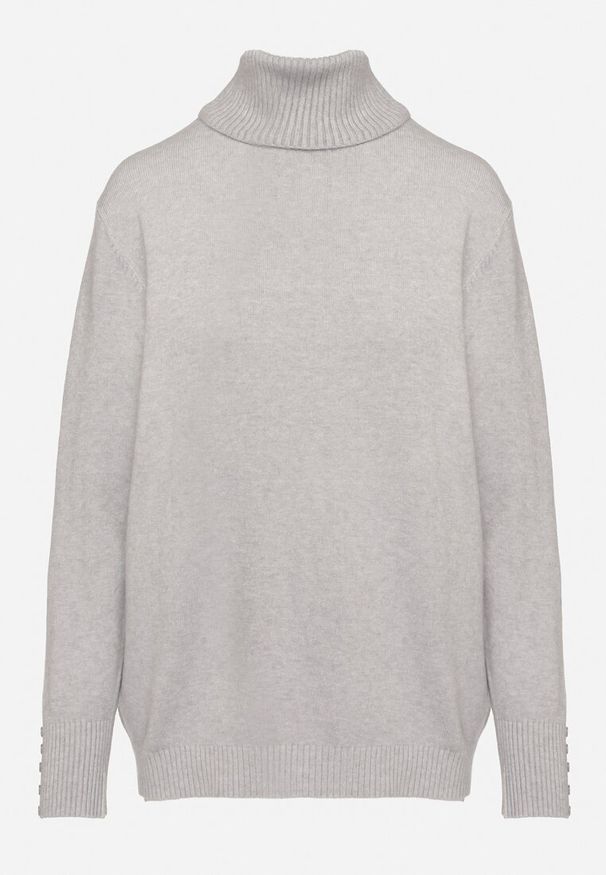 Born2be - Szary Golf z Wiskozą o Pudełkowym Kroju z Ozdobnymi Guzikami przy Rękawach Tialyn. Okazja: na co dzień. Typ kołnierza: golf. Kolor: szary. Materiał: wiskoza. Długość rękawa: długi rękaw. Długość: długie. Styl: casual