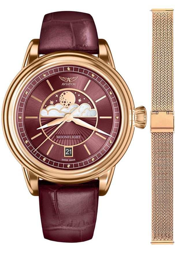 AVIATOR - Zegarek damski Aviator V.1.33.2.265.4-SET różowe złoto. Kolor: złoty, wielokolorowy, różowy