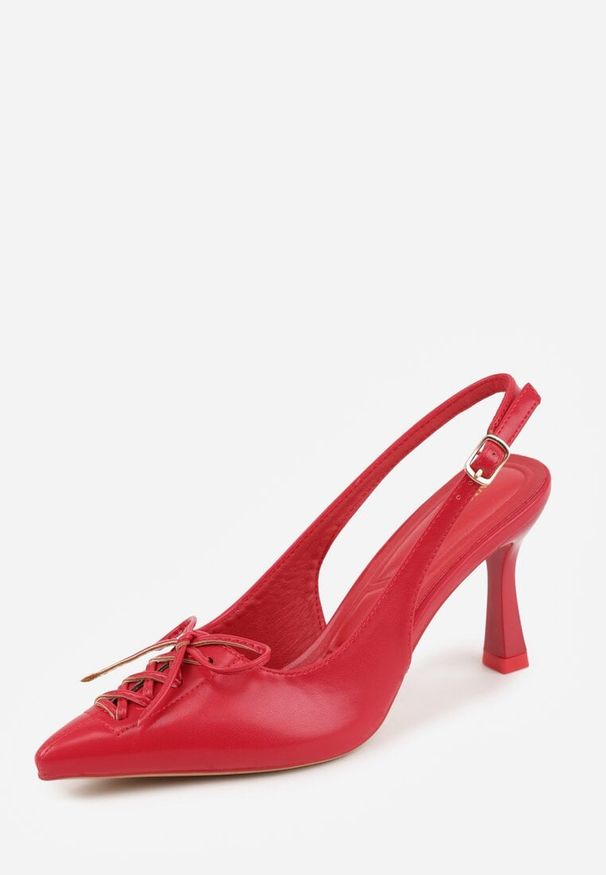 Renee - Czerwone Szpilki Slingback VICES Zdobione Gorsetowym Wiązaniem z Kokardą Azimuna. Okazja: na co dzień. Kolor: czerwony. Materiał: jeans, koronka. Wzór: aplikacja. Obcas: na szpilce. Styl: elegancki, casual