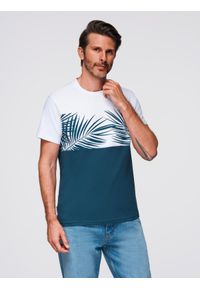 Ombre Clothing - T-shirt meski dwukolorowy z nadrukiem w liście palmy - ciemnoniebieski V1 - Rozmiar: L. Kolor: niebieski. Materiał: dzianina, bawełna, jersey. Wzór: nadruk. Sezon: lato. Styl: wakacyjny