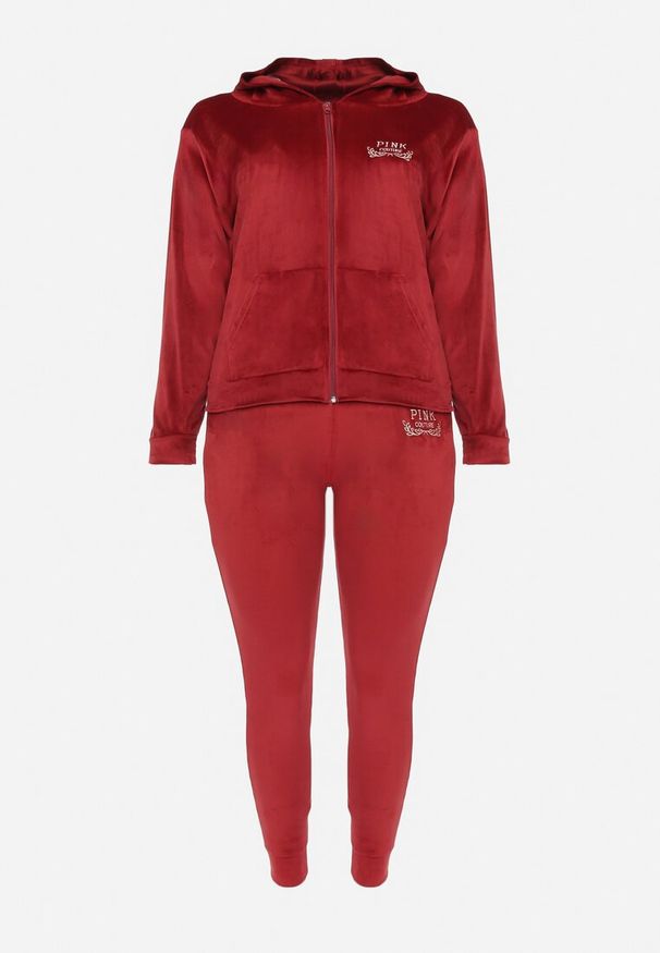 Born2be - Bordowy Welurowy Komplet Dresowy z Rozpinaną Bluzą i Luźnymi Spodniami Malinass. Kolor: czerwony. Materiał: dresówka, welur. Sport: turystyka piesza