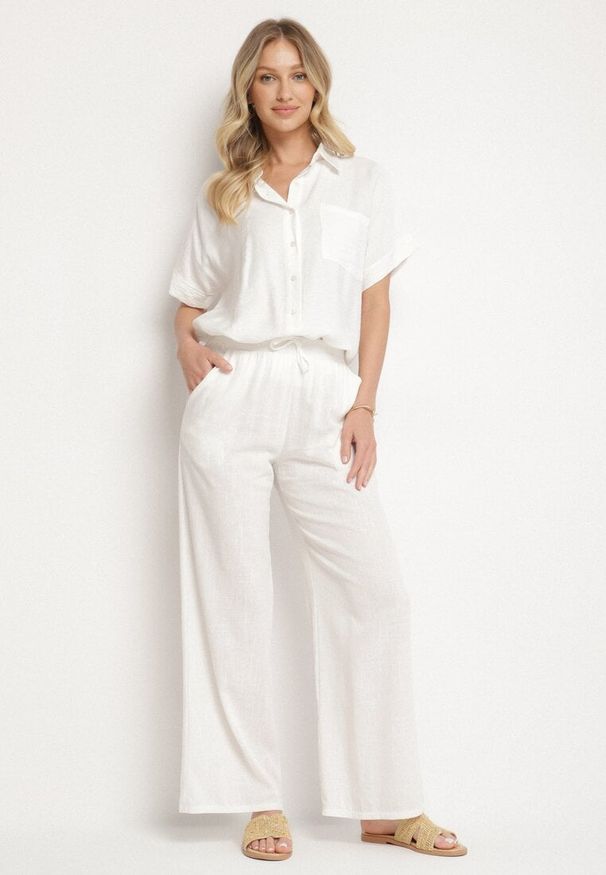 Born2be - Białe Szerokie Spodnie z Lnem z Gumką w Talii i Kieszeniami Filisela. Okazja: na co dzień, do pracy. Kolor: biały. Materiał: len. Styl: elegancki, casual