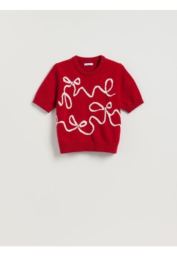 Reserved - Sweter z kokardkami - czerwony. Typ kołnierza: kokarda. Kolor: czerwony. Materiał: dzianina