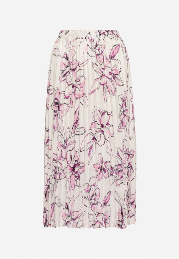 Born2be - Biało-Fuksjowa Spódnica z Wiskozą Zdobiona Plisami i Kwiatowym Wzorem Firavia. Okazja: na co dzień. Kolor: biały. Materiał: wiskoza. Wzór: aplikacja, kwiaty. Styl: casual