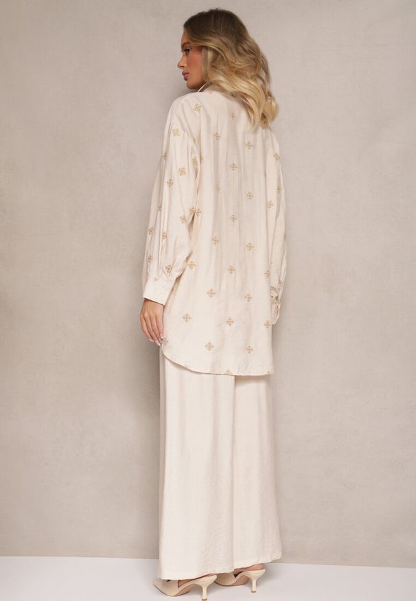 Renee - Jasnobeżowy Komplet z Wiskozy Koszula Zdobiona Haftem i Szerokie Spodnie Hanarella. Kolor: beżowy. Materiał: wiskoza. Wzór: aplikacja, haft