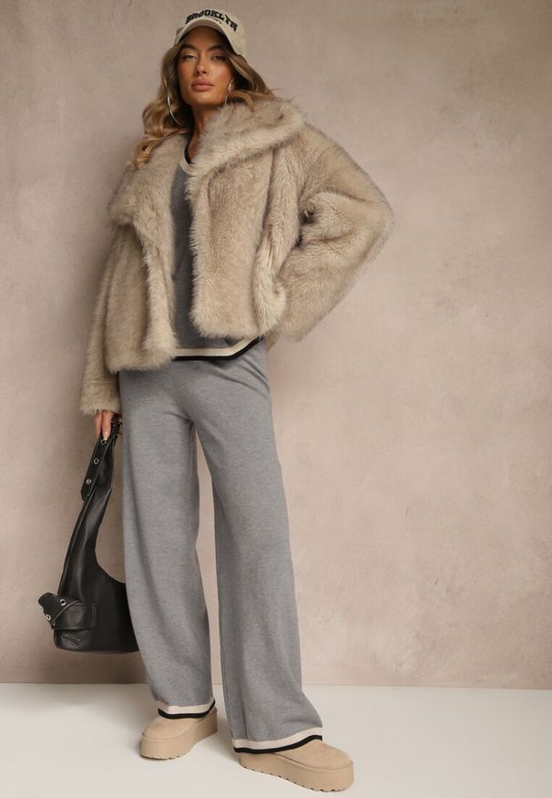 Renee - Szary Komplet Dzianinowy Sweter i Spodnie Wide Leg z Ozdobną Lamówką Ralenia. Kolor: szary. Materiał: dzianina. Wzór: aplikacja