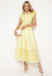 Born2be - Żółta Sukienka Ażurowa o Koszulowym Kroju z Paskiem z Ekoskóry Trija. Okazja: na imprezę, na co dzień. Kolor: żółty. Wzór: ażurowy. Typ sukienki: koszulowe. Styl: elegancki, casual #3