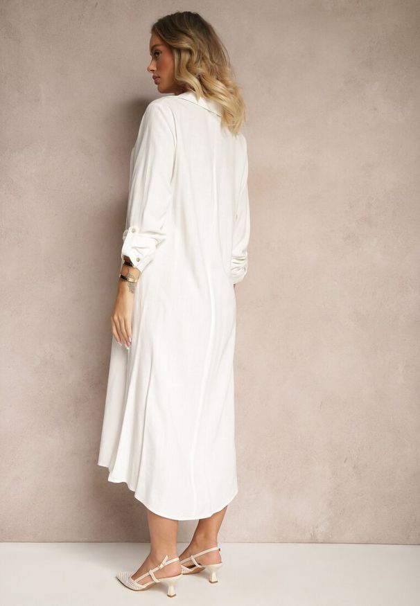 Renee - Biała Sukienka Koszulowa z Wiskozą Lnem i Regulacją przy Rękawach Florvezia. Okazja: na co dzień. Typ kołnierza: kołnierzyk klasyczny. Kolor: biały. Materiał: wiskoza, len. Sezon: wiosna, lato. Typ sukienki: koszulowe. Styl: casual, elegancki, klasyczny