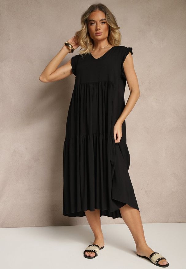 Renee - Czarna Sukienka z Bawełny z Falbankami Hirlio. Okazja: na co dzień. Typ kołnierza: kołnierz z falbankami. Kolor: czarny. Materiał: bawełna. Sezon: lato. Styl: elegancki, casual