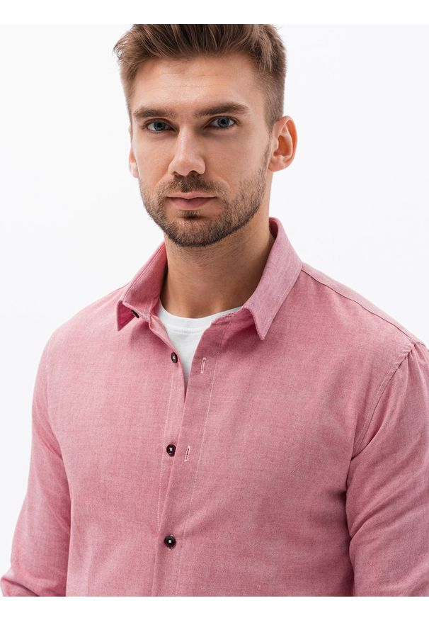 Ombre Clothing - Bawełniana koszula męska z tkaniny w stylu Oxford SLIM FIT - czerwona V18 K642 - XXL. Kolor: czerwony. Materiał: bawełna, tkanina
