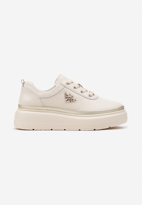 Renee - Beżowe Sneakersy ze Skóry Naturalnej na Platformie Ozdobione Metaliczną Aplikacją Nerinae. Kolor: beżowy. Materiał: skóra. Wzór: aplikacja. Obcas: na platformie