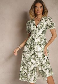 Renee - Zielona Sukienka o Rozkloszowanym Kroju z Dekoltem w Serek w Roślinny Print Evilessa. Okazja: na co dzień. Typ kołnierza: dekolt w serek. Kolor: zielony. Wzór: nadruk. Typ sukienki: rozkloszowane. Styl: klasyczny, casual, elegancki