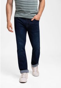 Volcano - Ciemnoniebieskie jeansy męskie z prostą nogawką D‑LEON 30. Kolor: niebieski. Materiał: jeans. Wzór: aplikacja. Styl: klasyczny #1
