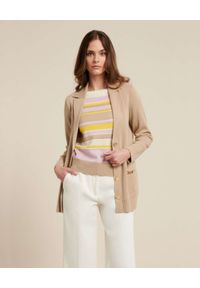 Luisa Spagnoli - LUISA SPAGNOLI - Beżowy sweter w paski Macchietta. Kolor: biały. Materiał: prążkowany, wełna. Długość rękawa: długi rękaw. Długość: długie. Wzór: paski