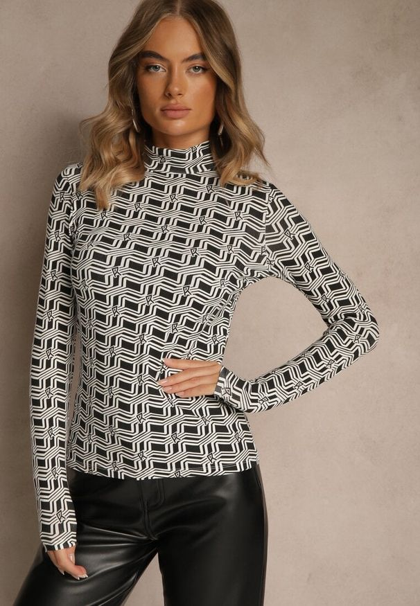 Renee - Biało-Czarna Bluzka Longsleeve z Golfem z Bawełny w Geometryczny Print Zadanevia. Okazja: na spacer, na co dzień. Typ kołnierza: golf. Kolor: biały. Materiał: bawełna. Długość rękawa: długi rękaw. Wzór: geometria, nadruk. Styl: casual, elegancki