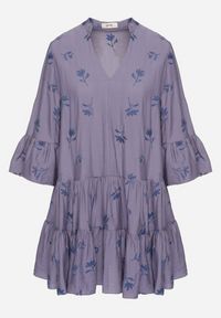 Born2be - Niebieska Sukienka z Wiskozą o Rozkloszowanym Kroju z Haftem i Falbankami Axneria. Okazja: na co dzień. Typ kołnierza: kołnierz z falbankami. Kolor: niebieski. Materiał: wiskoza. Wzór: haft. Typ sukienki: rozkloszowane. Styl: casual, klasyczny #5