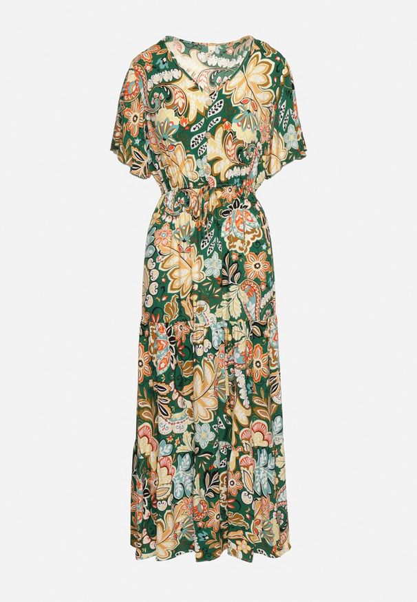 Born2be - Zielona Bawełniana Sukienka w Stylu Boho z Elastyczną Gumką w Talii Morgaine. Kolor: zielony. Materiał: bawełna. Styl: boho
