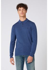 Wrangler - WRANGLER POLO KNIT MĘSKA KOSZULKA Z DŁUGIM RĘKAWEM LOGO NAVY W8B3QL114. Typ kołnierza: polo. Długość rękawa: długi rękaw. Długość: długie