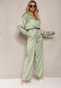 Renee - Zielone Szerokie Spodnie z Gumką w Talii i Błyszczącym Wzorem w Paski Zoyama. Kolor: zielony. Wzór: paski #5