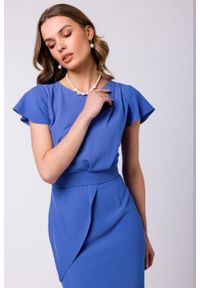Stylove - Elegancka ołówkowa sukienka z paskiem krótki rękaw niebieska. Kolor: niebieski. Długość rękawa: krótki rękaw. Typ sukienki: ołówkowe. Styl: elegancki