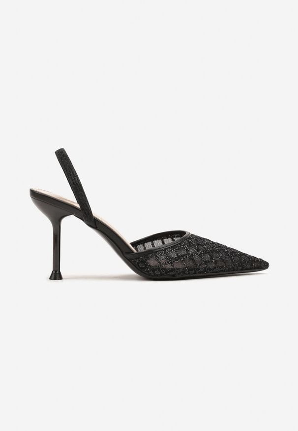 Born2be - Czarne Szpilki z Noskiem w Szpic i Odkrytą Piętą Zdobione Brokatem Nelaidea. Okazja: na co dzień. Nosek buta: szpiczasty. Zapięcie: pasek. Kolor: czarny. Wzór: aplikacja. Obcas: na szpilce. Styl: glamour, elegancki, casual, wizytowy. Wysokość obcasa: średni