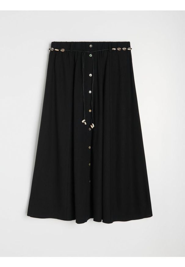 Sinsay - Spódnica midi z ozdobnym paskiem i domieszką lnu - czarny. Kolor: czarny. Materiał: len