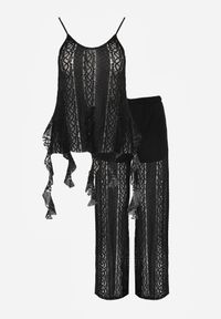 Born2be - Czarny Rustykalny Komplet z Koronką i Falbankami Top i Szerokie Spodnie Pretissa. Kolor: czarny. Materiał: koronka. Wzór: koronka #7