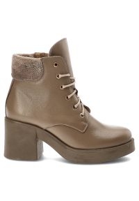 Beżowe Botki Lemar Ocieplane Skórzane Buty Na Obcasie. Okazja: na spacer. Kolor: beżowy. Materiał: skóra. Sezon: jesień. Obcas: na obcasie. Styl: elegancki. Wysokość obcasa: średni #8