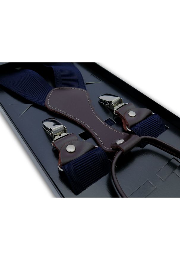 Modini - Granatowe klasyczne szelki męskie z brązowymi skórkami SZ133. Kolor: brązowy, wielokolorowy, niebieski. Materiał: skóra, guma